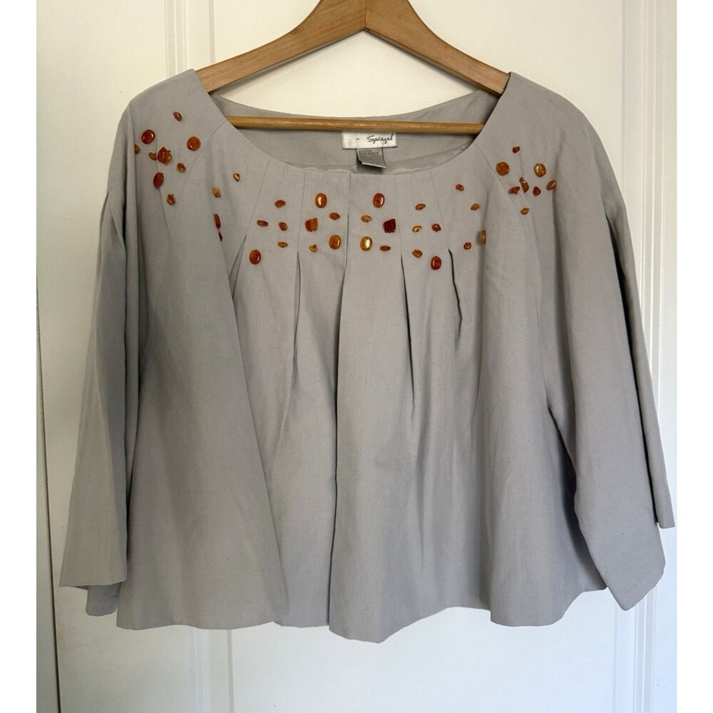 Spiegel Women’s Plus 18 Gray Beaded Hook & Eye Lined 3/4 Sleeve Silk Jacket